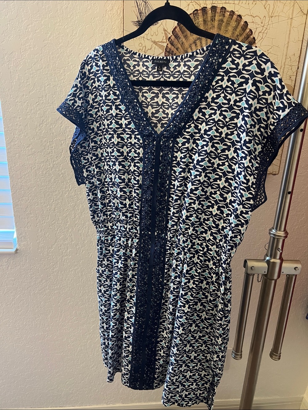 Talbots Navy and White Crochet Trim V-Neck Dress